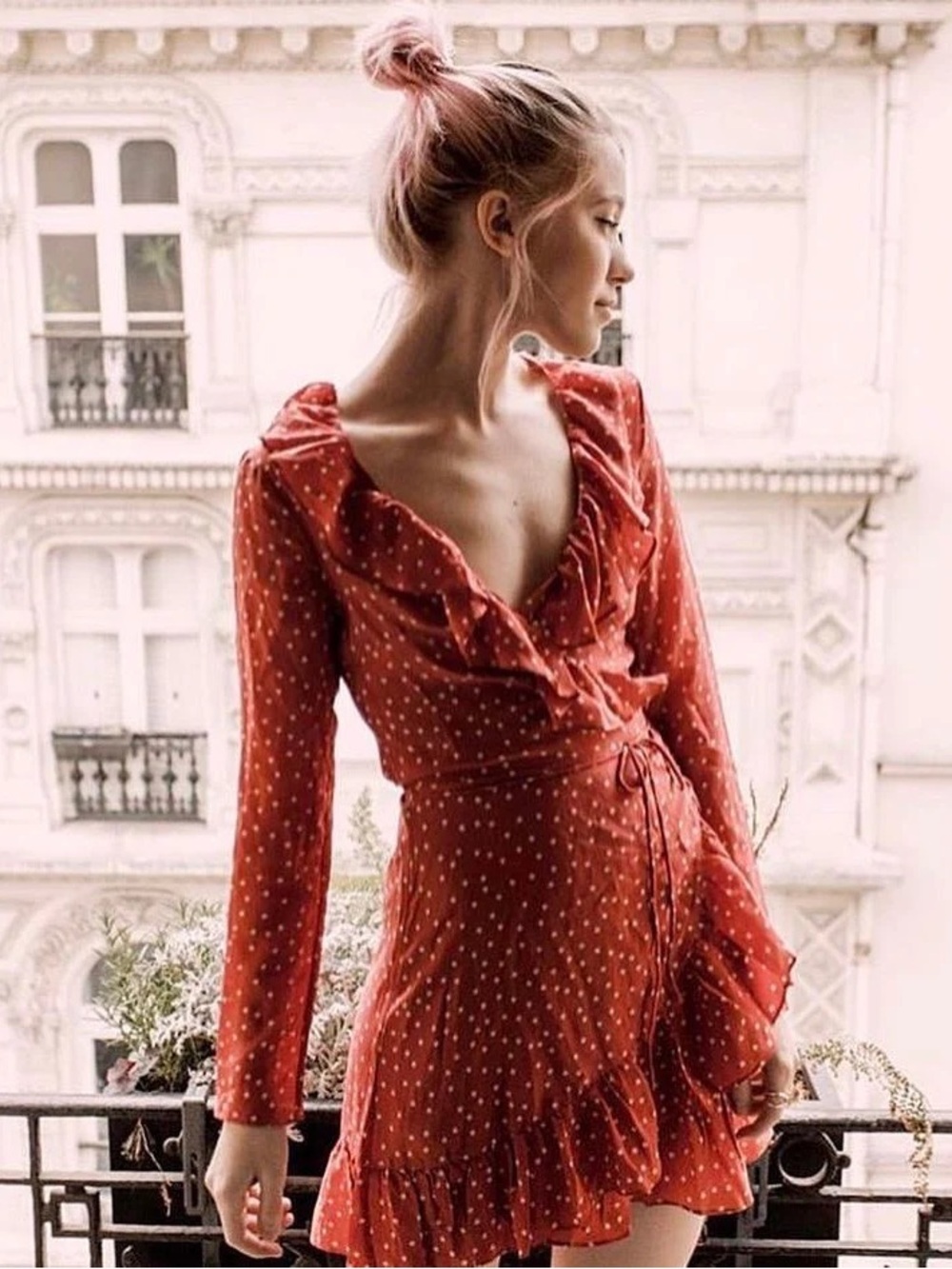 Realisation Par Red Star Print Silk Wrap Mini Dress Long Sleeve